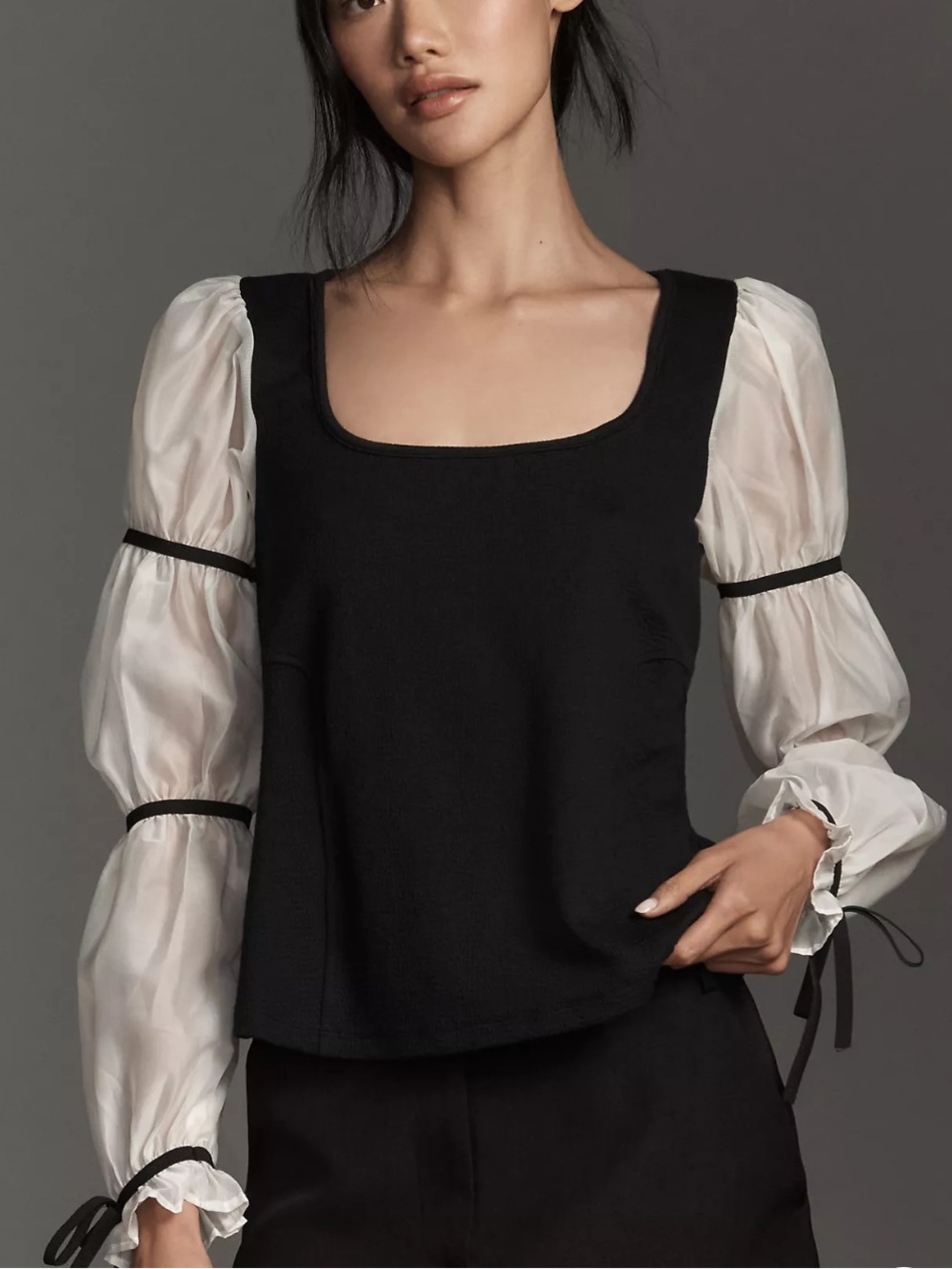 Maeve Balloon Sleeve Black Square-Neck Top with Sheer White Puff Sleeve small